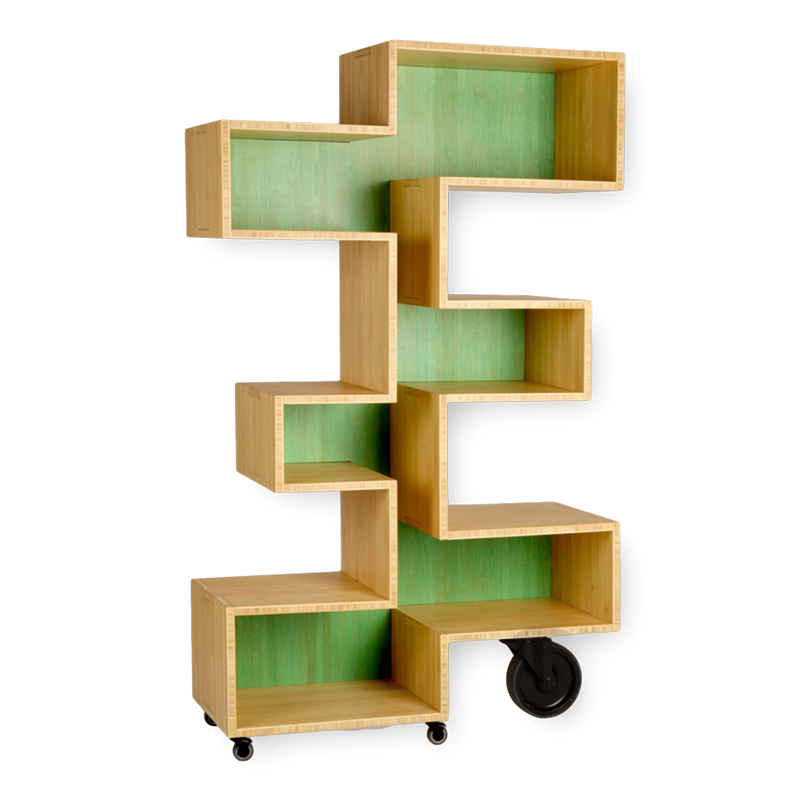 zigzag shaped wooden shelf on wheels