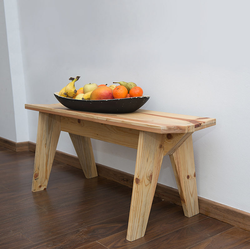 wooden bench with a fruit bowl