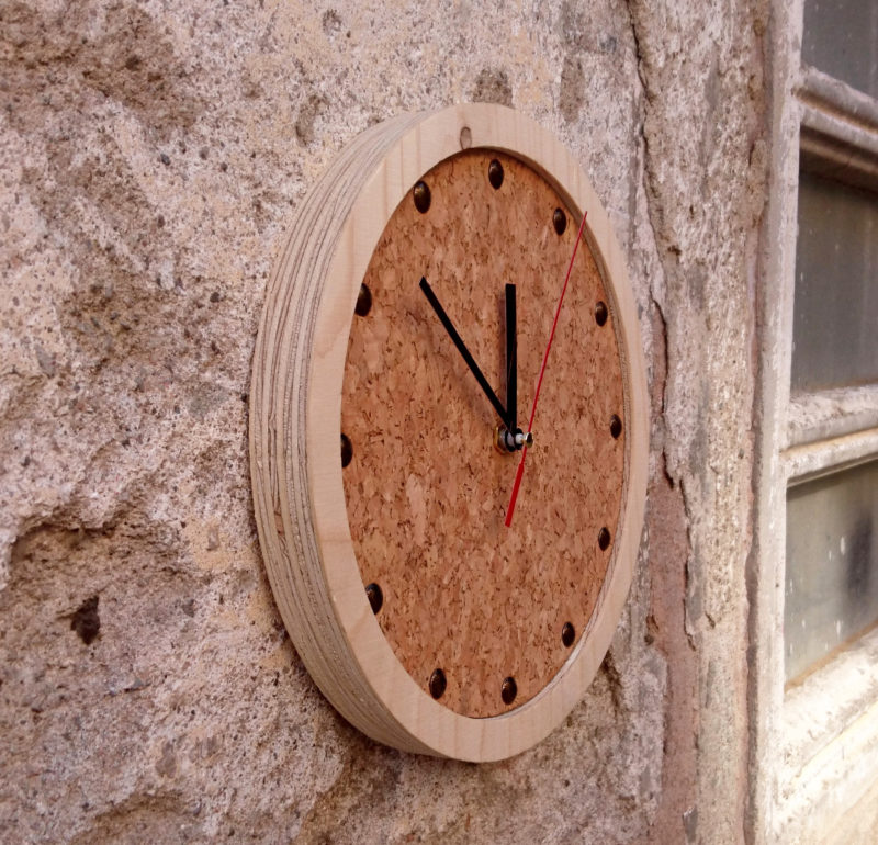 wooden clock with cork clockface