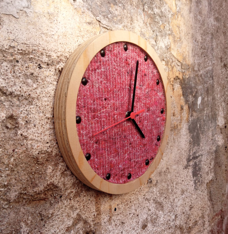 wooden wall clock with pink clockface